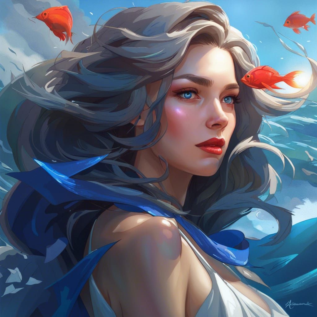 Oceanic Portrait with Sapphire Eyes in Art Nouveau Style