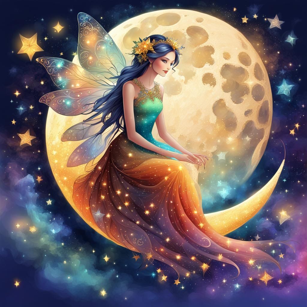 Magic fairy sitting on her moon.