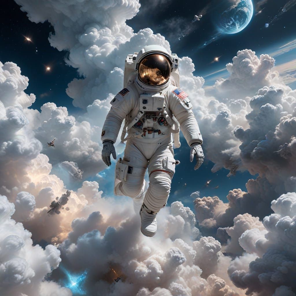 Serene Astronaut Amidst Billowy Clouds in Fantasy Art Style