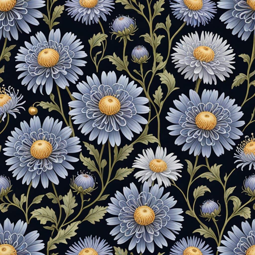 Delicate Asters in Whimsical Breeze - Art Nouveau Style