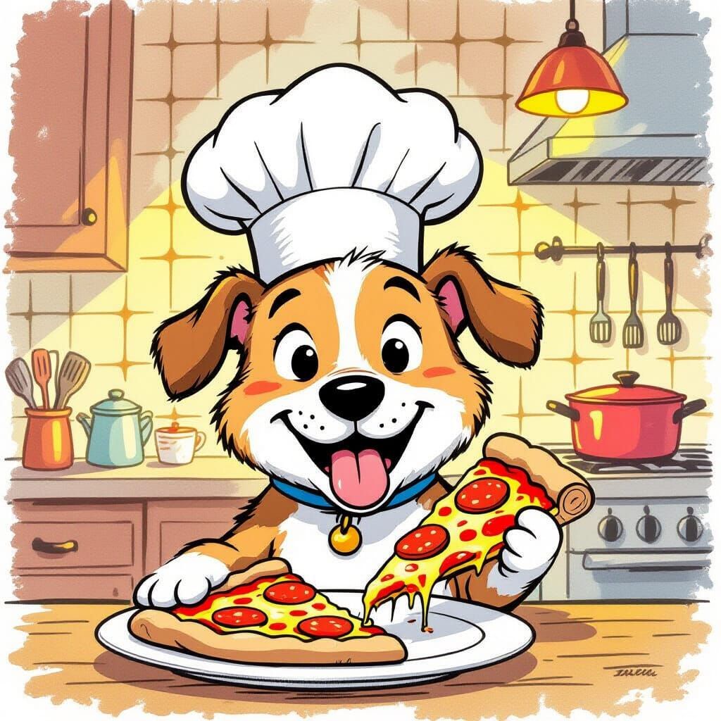 Playful Dog Chef Awaits Pizza in Cozy Kitchen