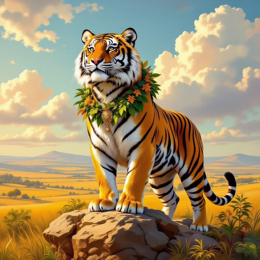 Tiger Overlooking Savanna as Renaissance Painting