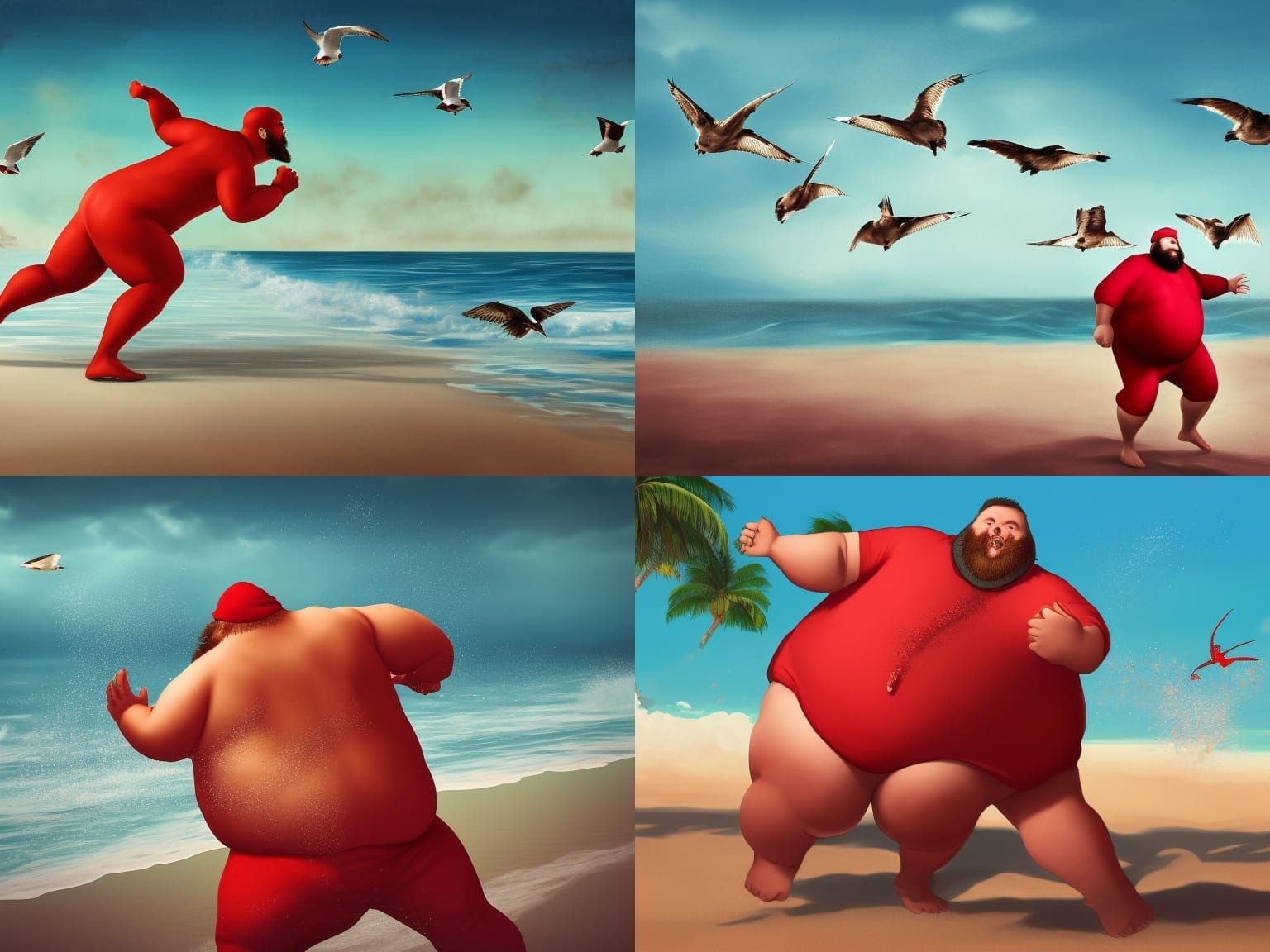 Bearded Man in Red Suit Running on Beach
