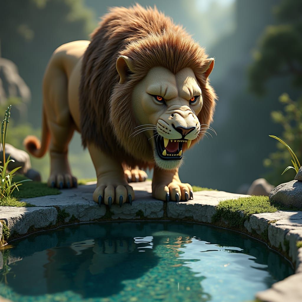 Lion's Reflection in Well: 3D Animation Art