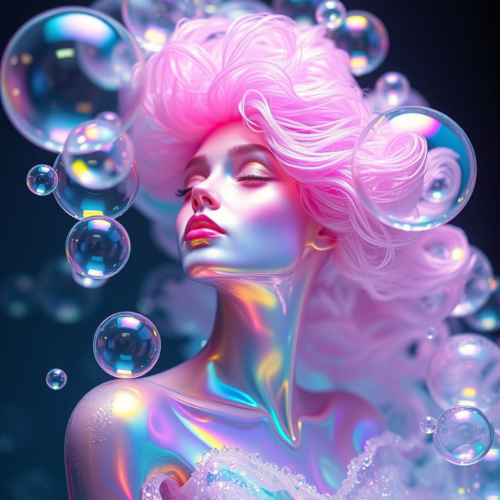 Iridescent Woman Made of Rainbow Bubbles