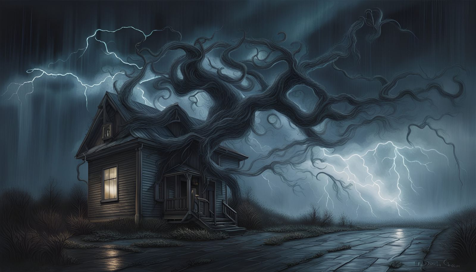 Ethereal Haunted House in Dystopian Thunderstorm