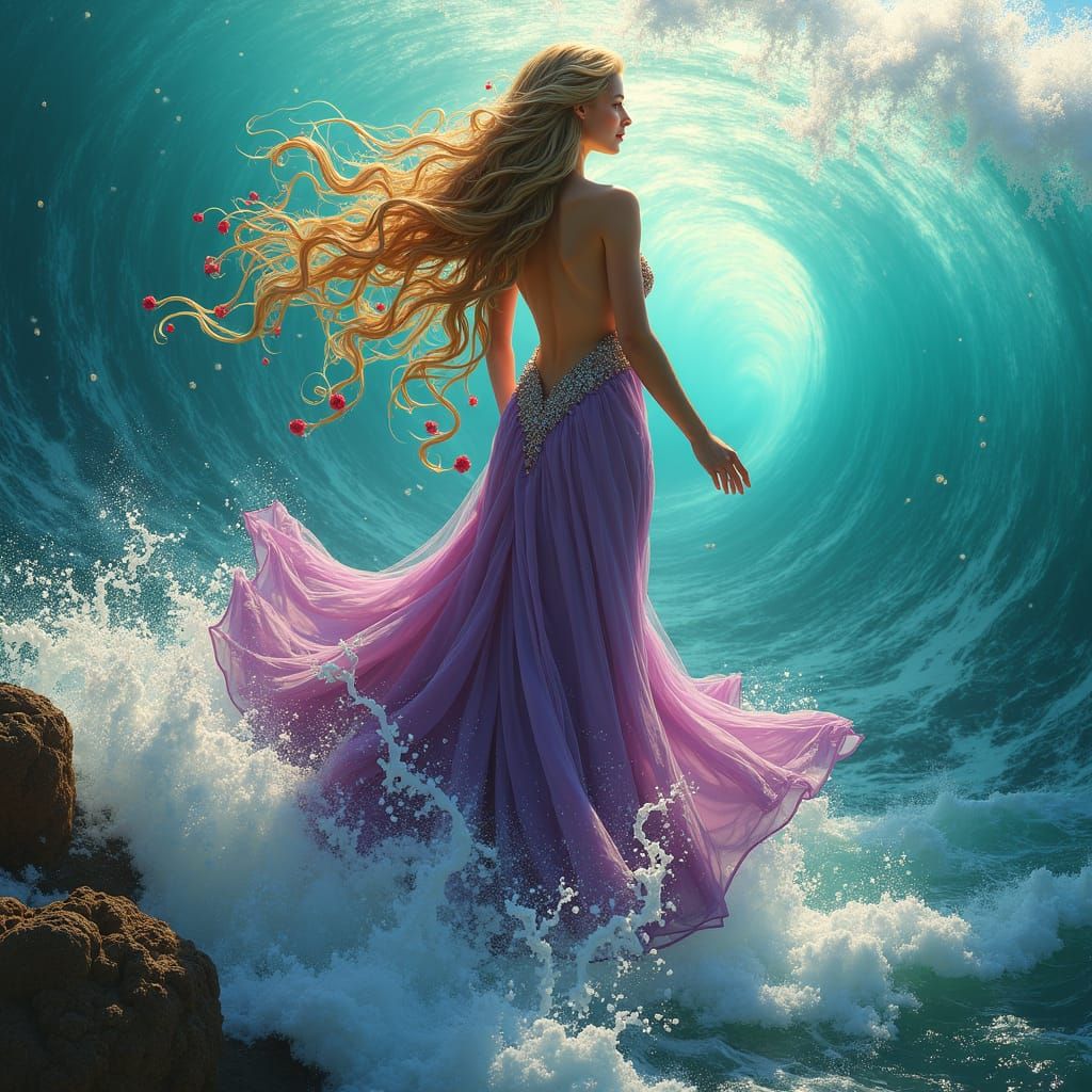 Aphrodite at Ocean's Edge in Purple Gown
