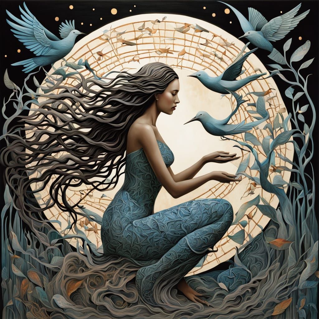 Surreal Fragmented Sculpture of Woman in Moonlight