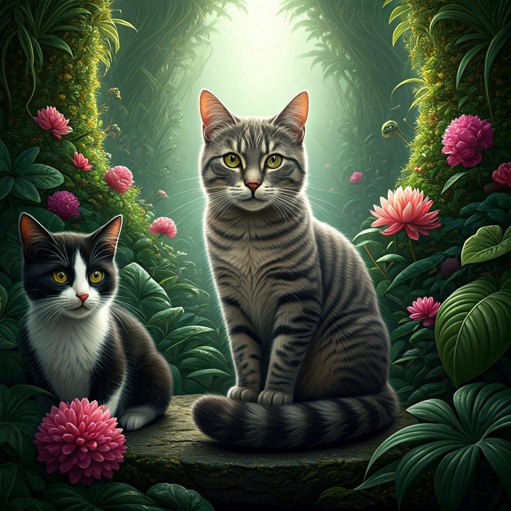 Cats in Lush Garden: Matte Painting Concept Art