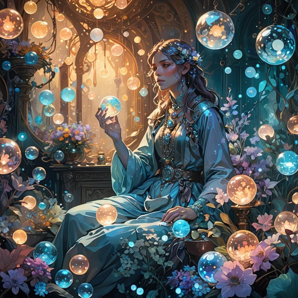 Fantasy Adventurer Surrounded by Glowing Orbs