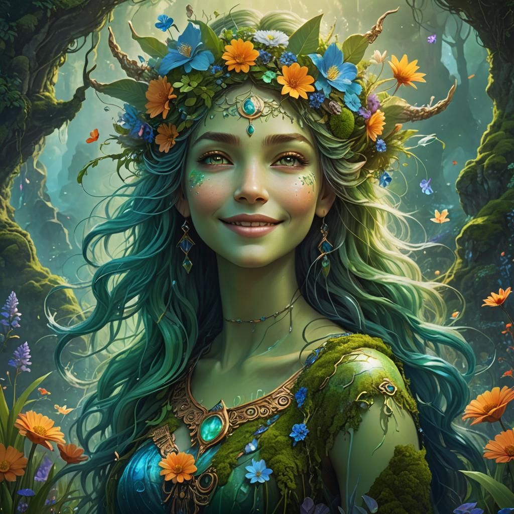 Serene Earth Goddess in a Whimsical Fantasy Style
