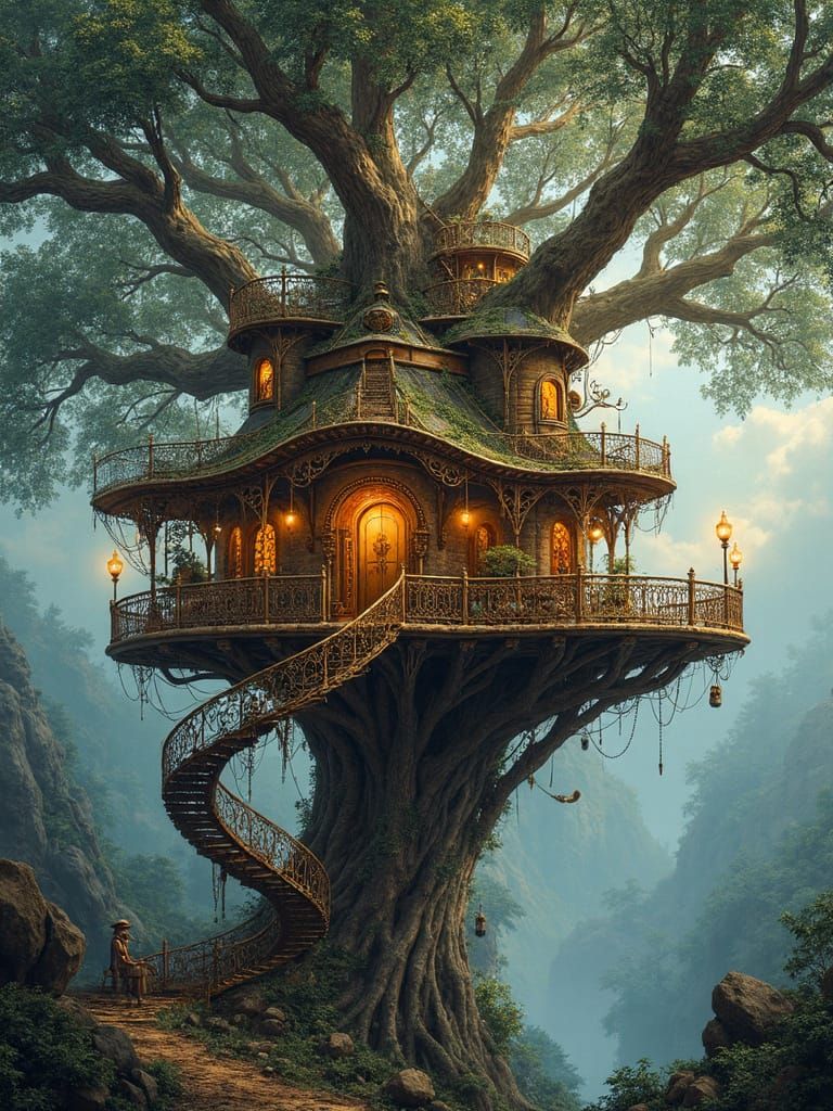 Surreal Steampunk Treehouse Fantasy in Opulent Detail