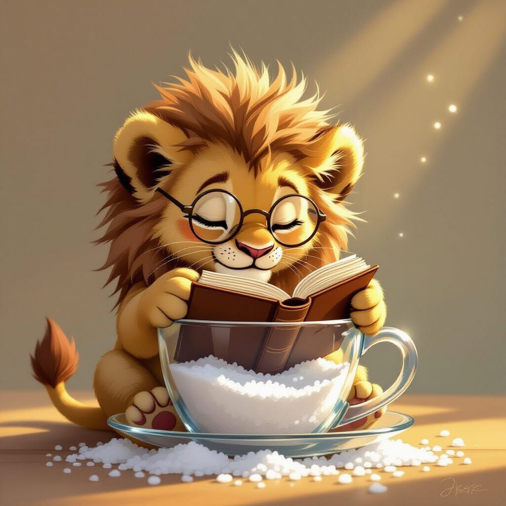 Lion Cub Reads Book Atop Salt Cup in Storybook Style