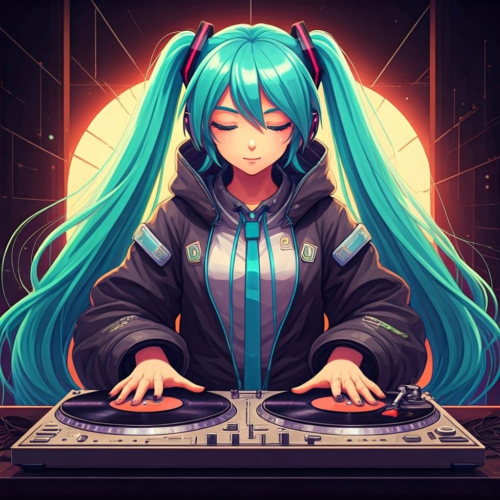 Hatsune Miku Scratching Record Player, Stylized Digital Art
