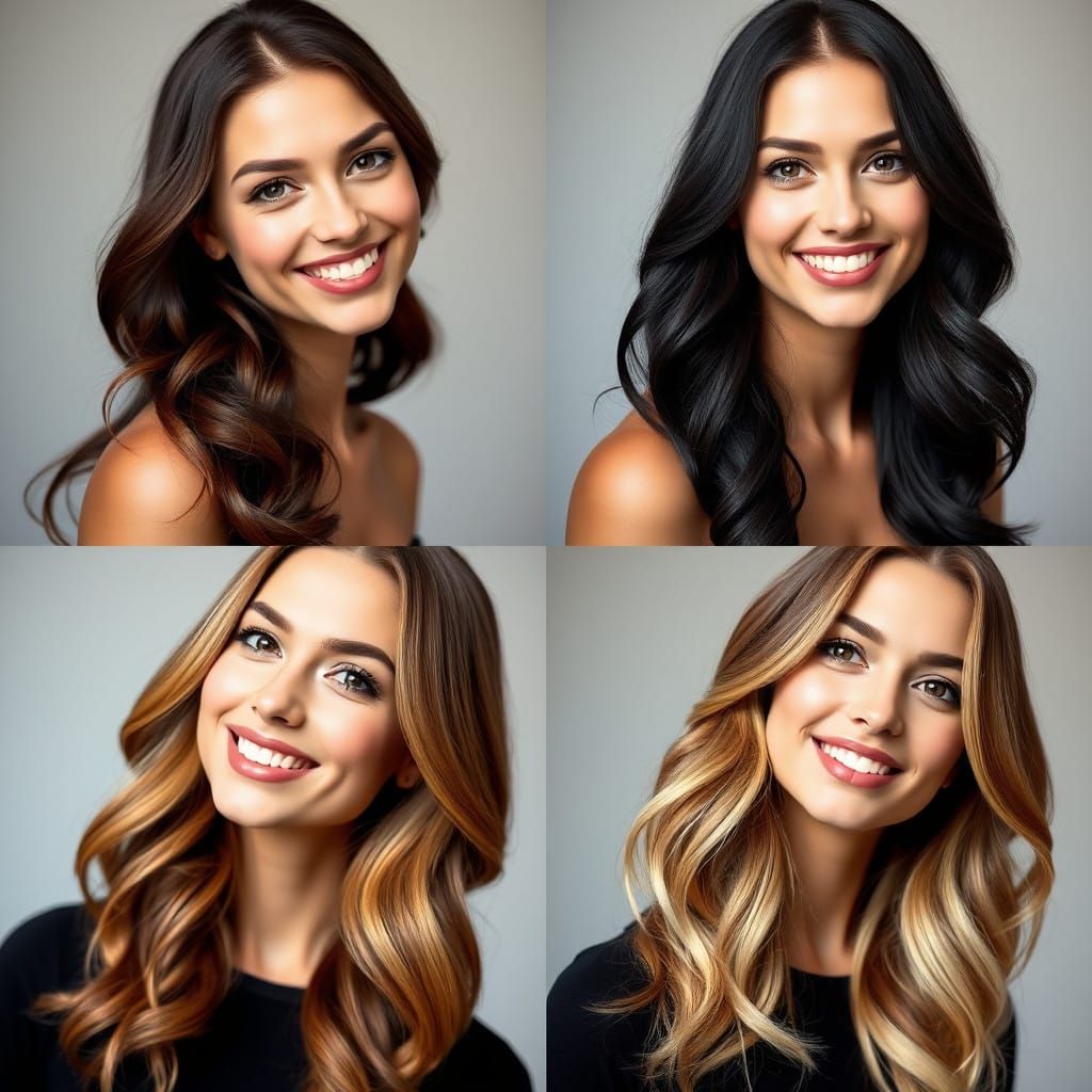 Beautiful Woman in Quadruple Portrait with Varied Hair Color...