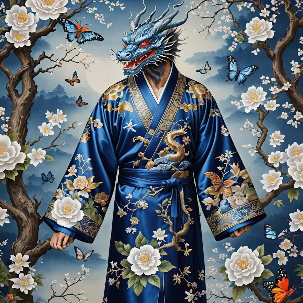 Hyperealistic Silk Dragon Robe with Blossoms