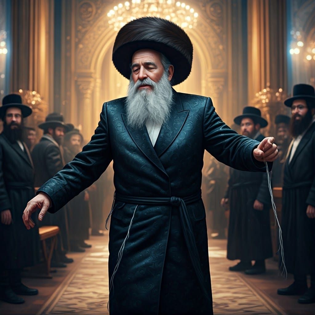 Majestic Hasidic Rebbe in Ecstatic Dance, Fusing Realism and...