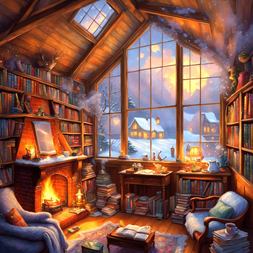 Cozy Attic Room with Fireplace in Oil Painting Style