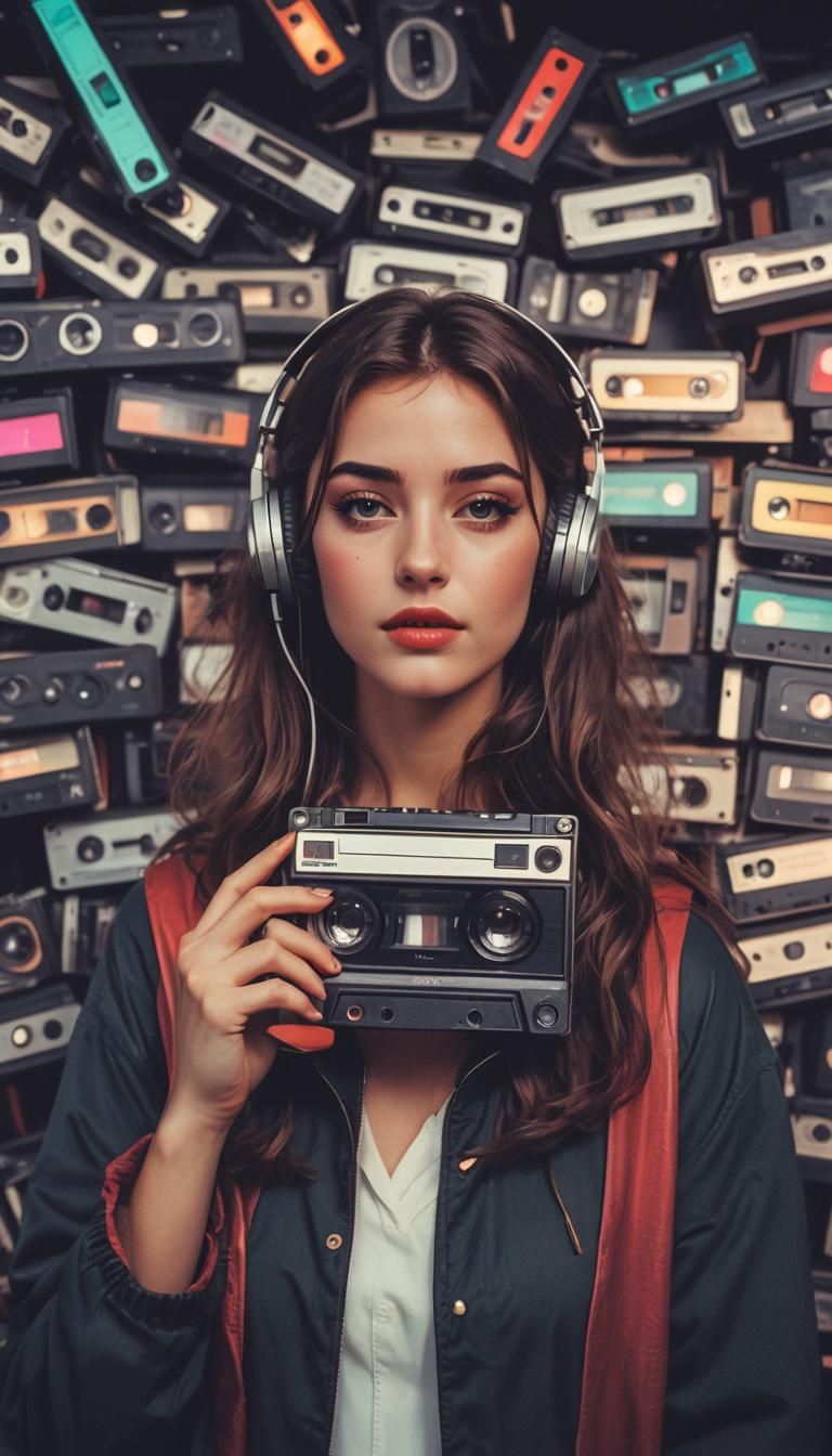 90s Retro Girl with Walkman in Hyperrealism Style