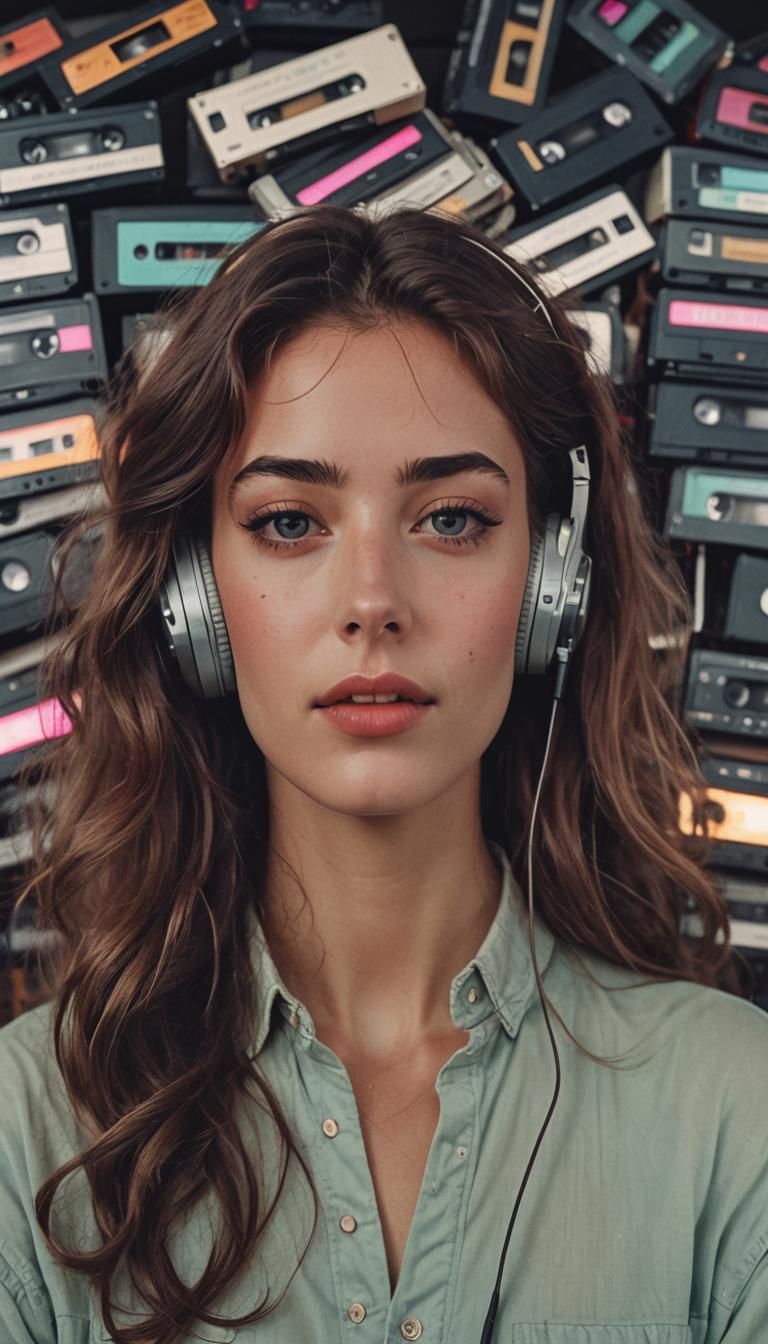 90s Retro Girl with Walkman in VHS Style