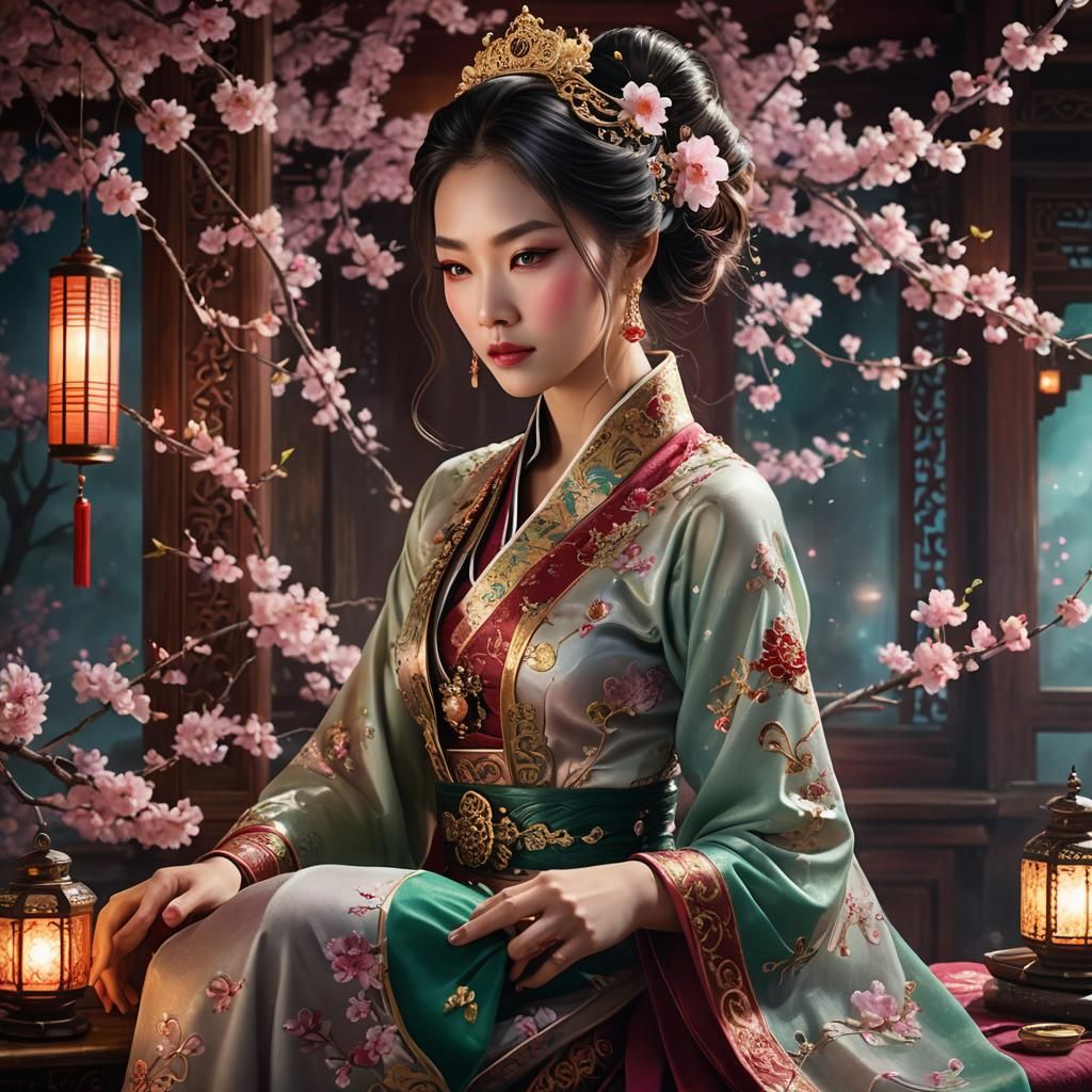 Asian Beauty Queen with Jade Roller in Dreamlike Setting