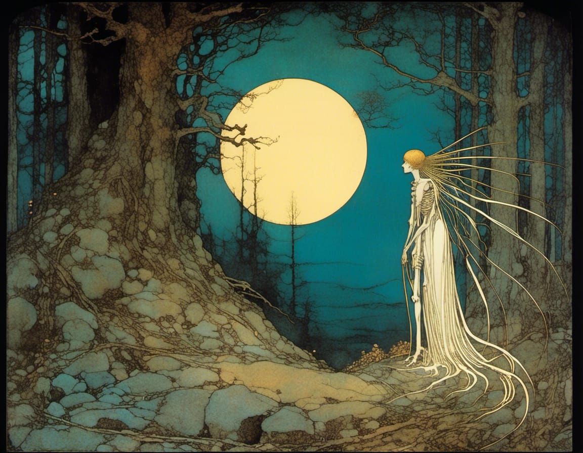 Skeleton Stag in Neon Woods, Art Nouveau Style