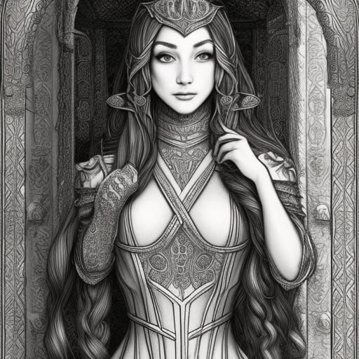 Medieval Princess Coloring Page in Black Lines