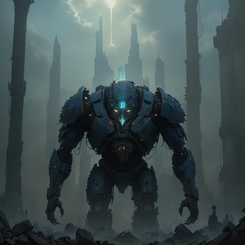 Majestic Holy Golem in Ruined Cityscape