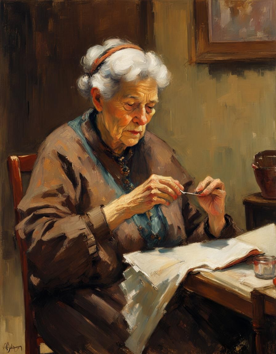 Elderly Woman Knitting as Impressionist Portrait