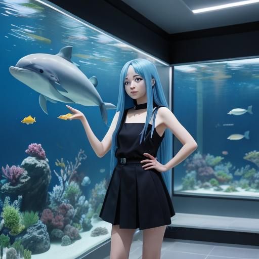 Beautiful anime woman at an aquarium.