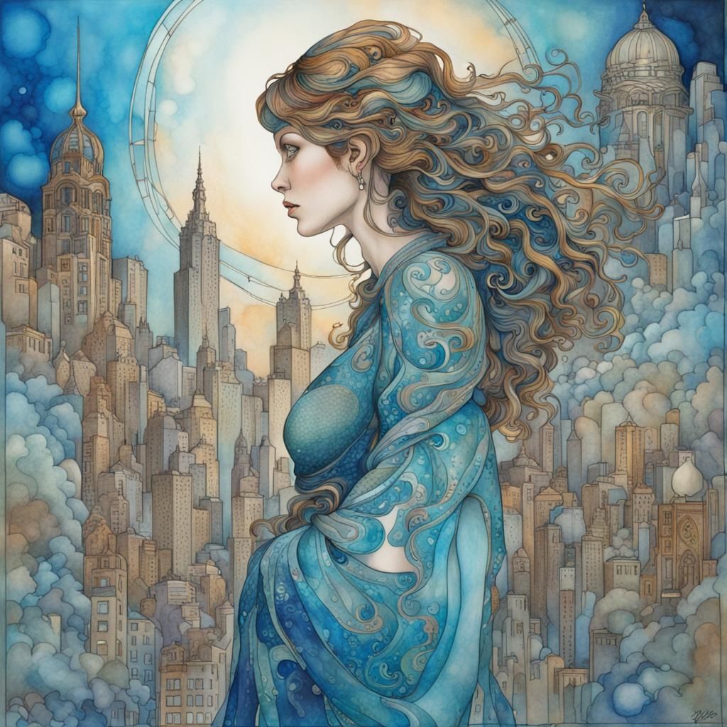 Art Nouveau Woman in Cityscape with Alcohol Ink