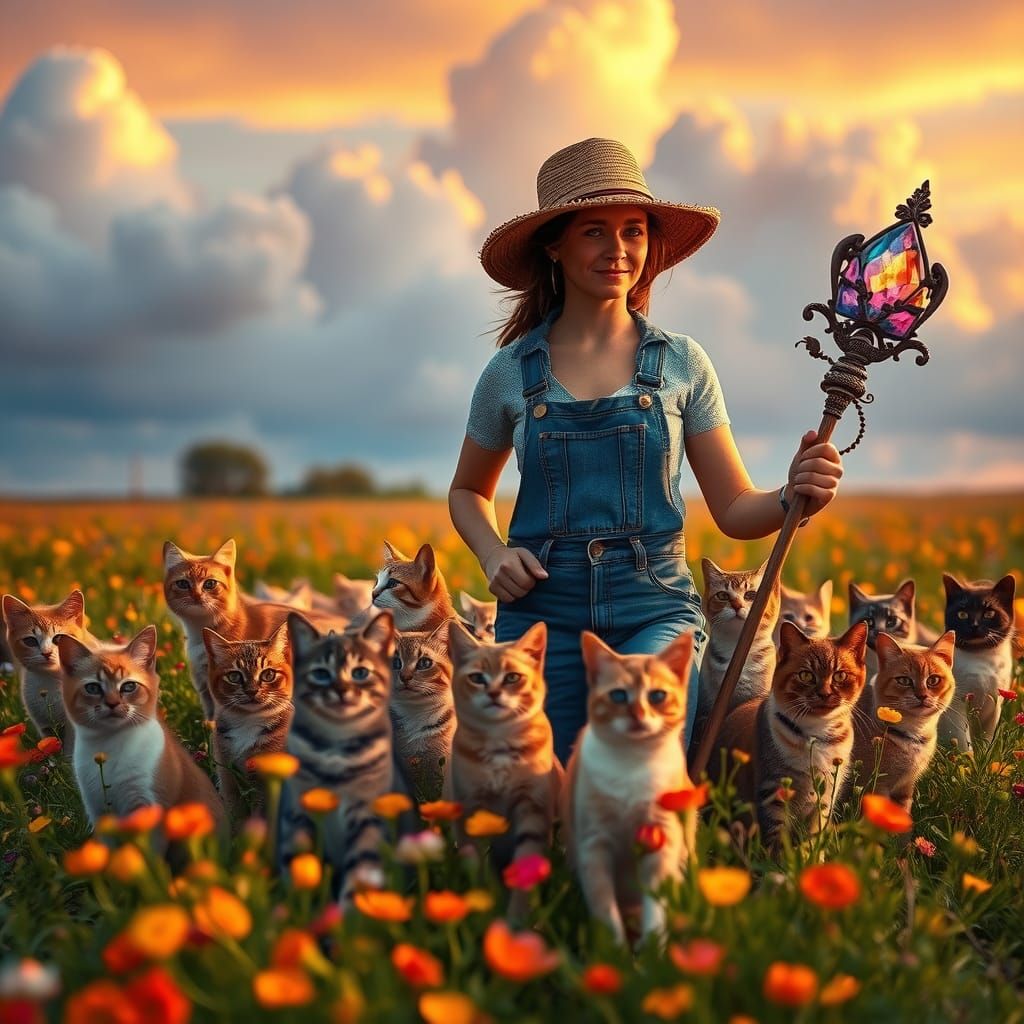Female Farmer Herding Cats in Meadow, Matte Painting
