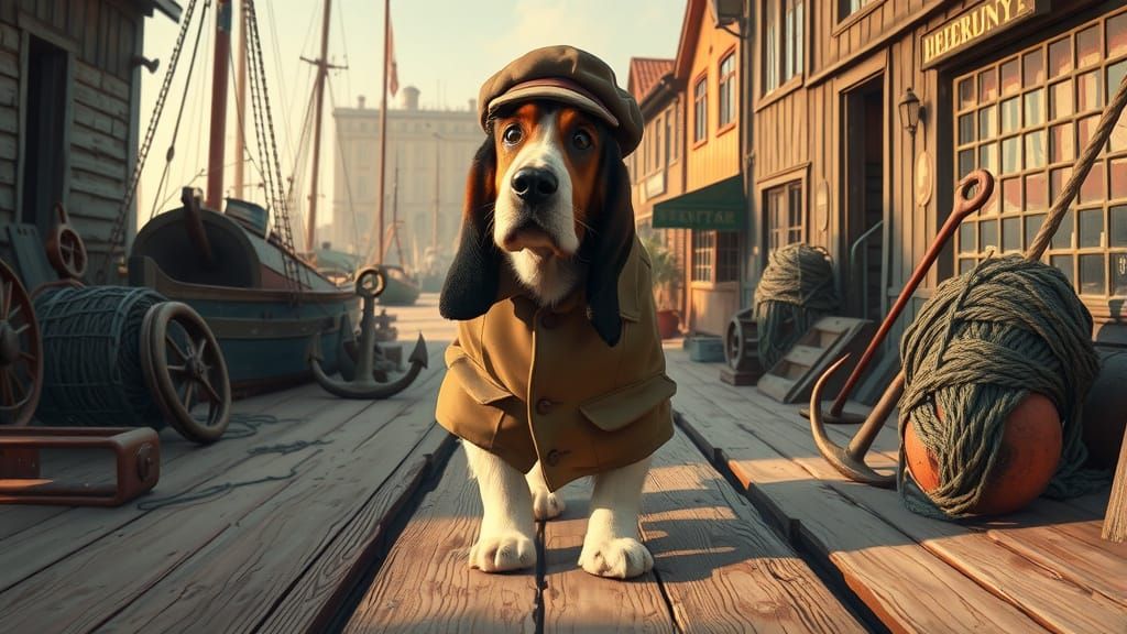 Anthropomorphic Basset Hound Explores Rustic Dockyard in Whi...