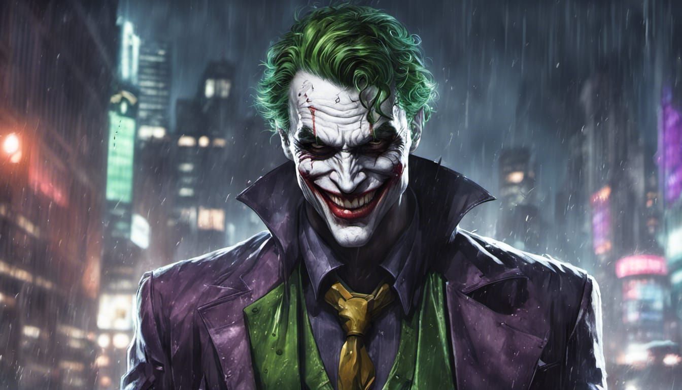 Arkham Knight Joker Laughing in Gotham, Digital Portrait