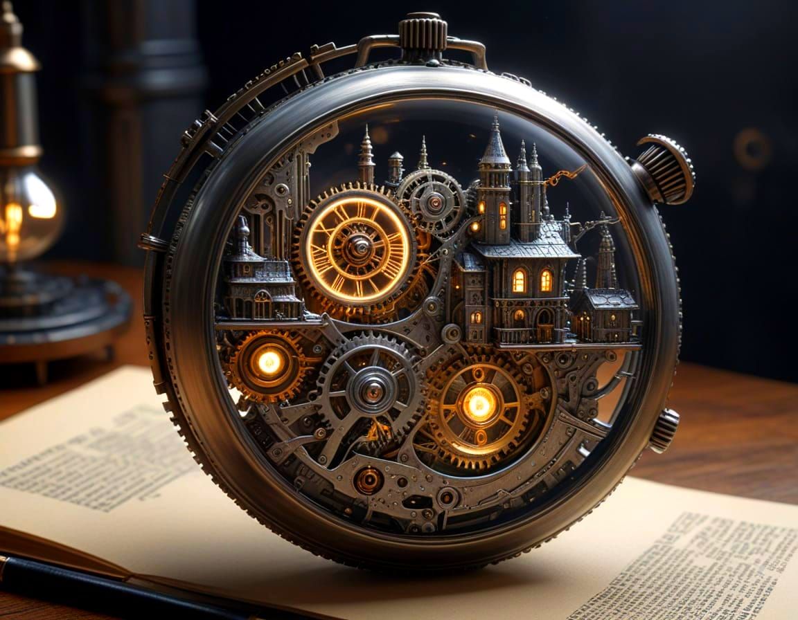 Metropolis in Steampunk Pocket Watch: Graphite Pencil Drawin...