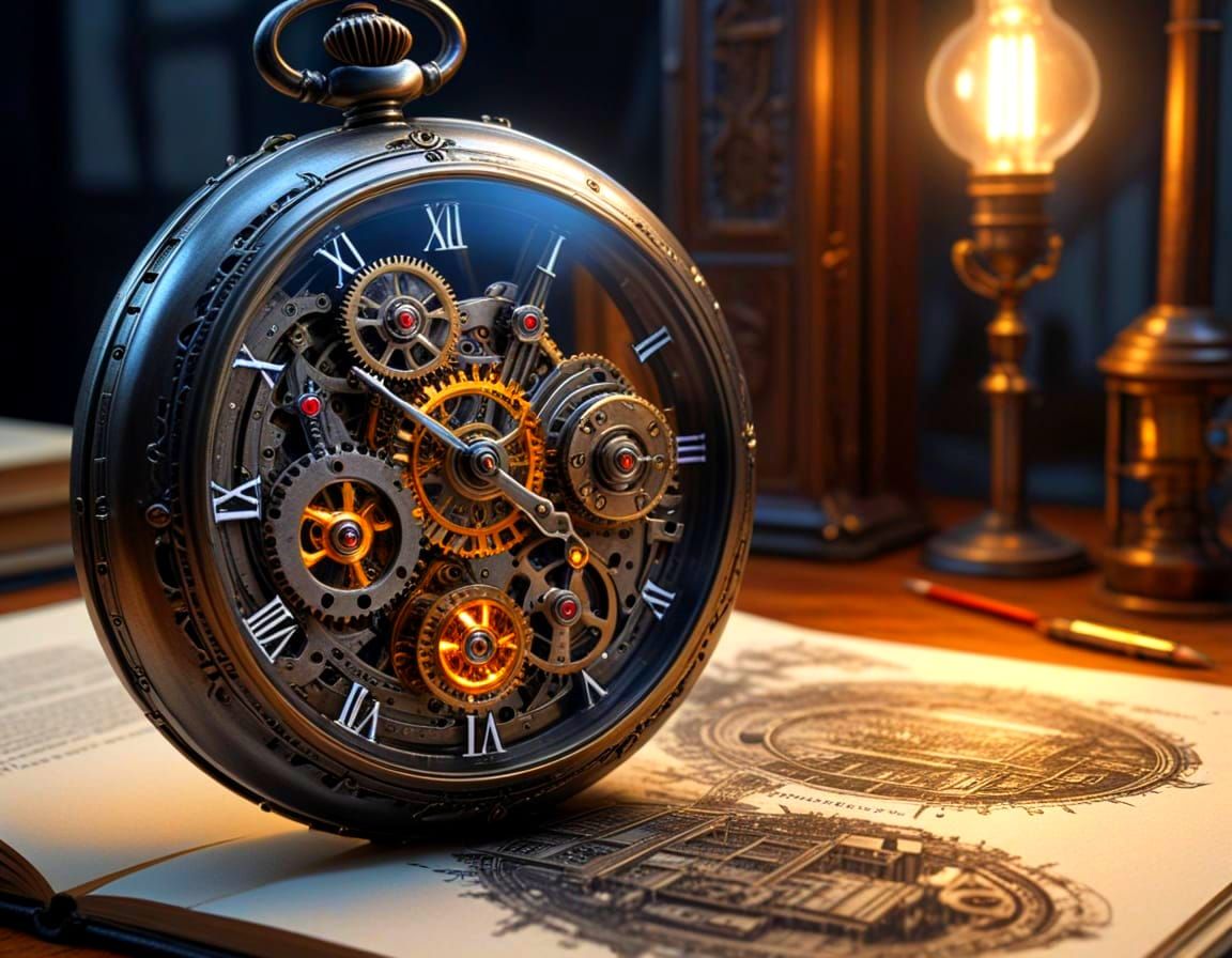 Metropolis Inside Pocket Watch: Steampunk Graphite Drawing