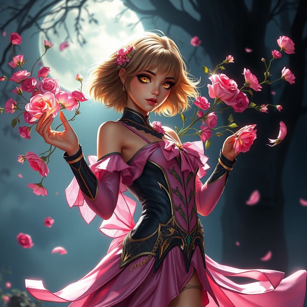 Fantasy Superhero Rosella in Dreamlike Moonlight Scene