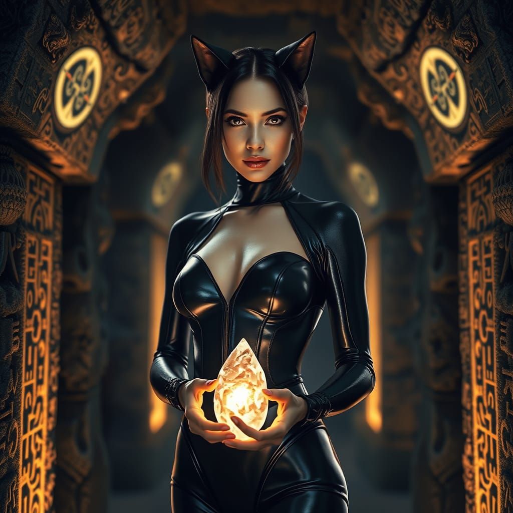 Mysterious Woman in Hidden Chamber with Glowing Crystal