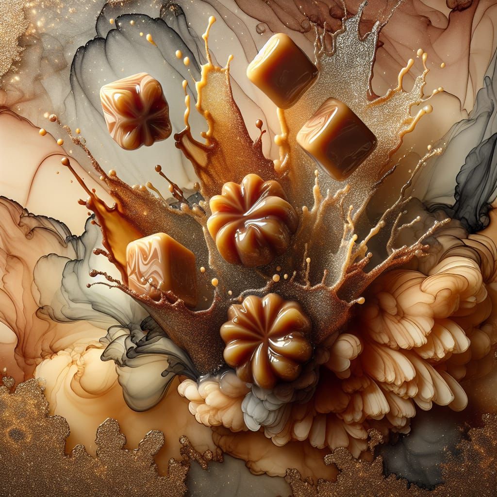Hyperrealistic Caramels Splash on Alcohol Ink Background
