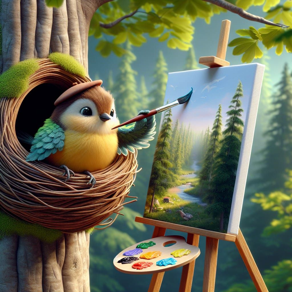 Disney Pixar style 3D adorable bird in a tree in his nest, painting a picture of a scene from a bird’s eye view, looking...
