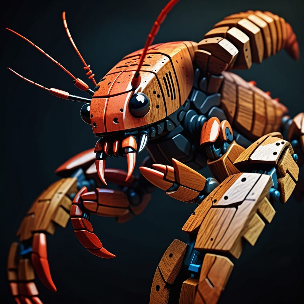 Wooden Block Robot Lobster in Low-Poly Style