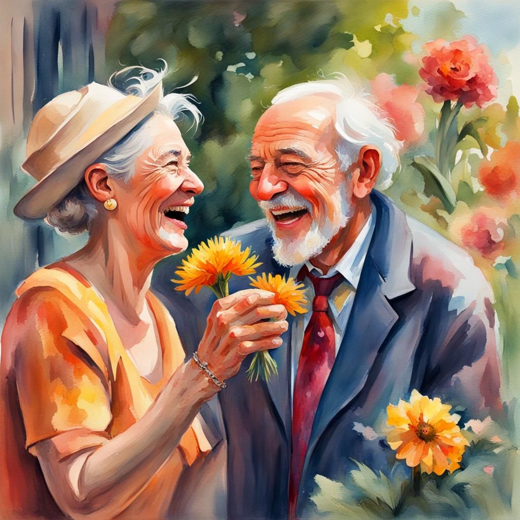 Happy Couple with Flower in Gouache Watercolor Style