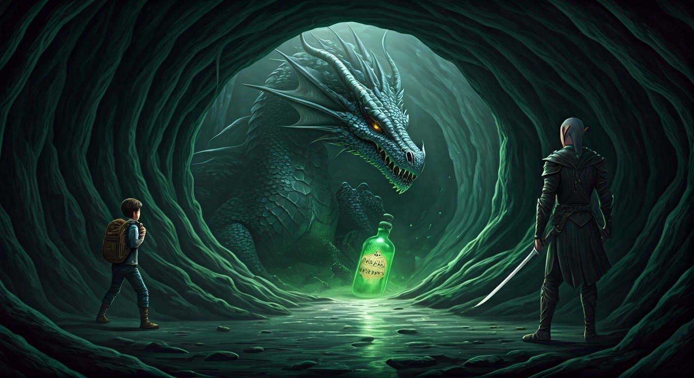 Dragon Guarding Antidote in Cave, Hyper-Realistic Art