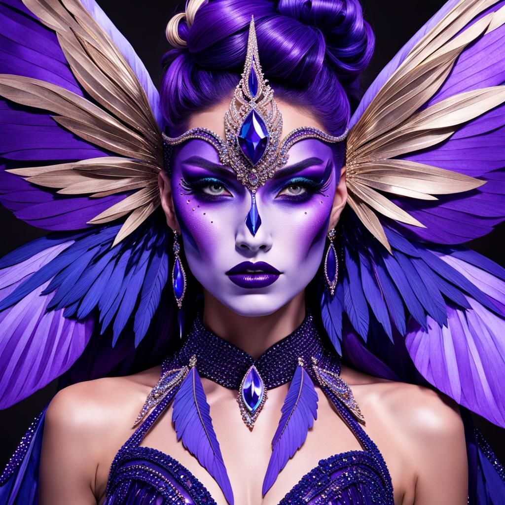 Fantasy Girl with Indigo Wings and Rhinestones