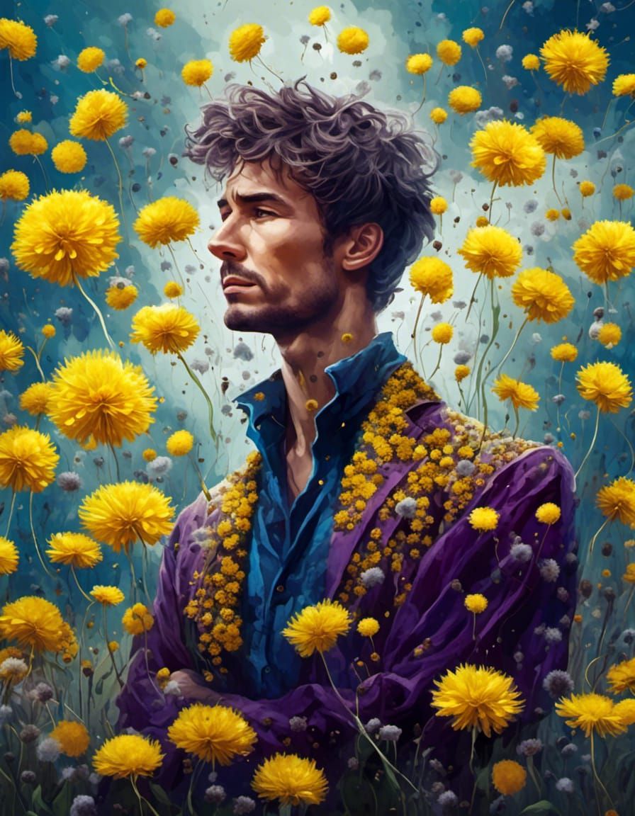 Dandelion Man Portrait Dissolving in the Wind