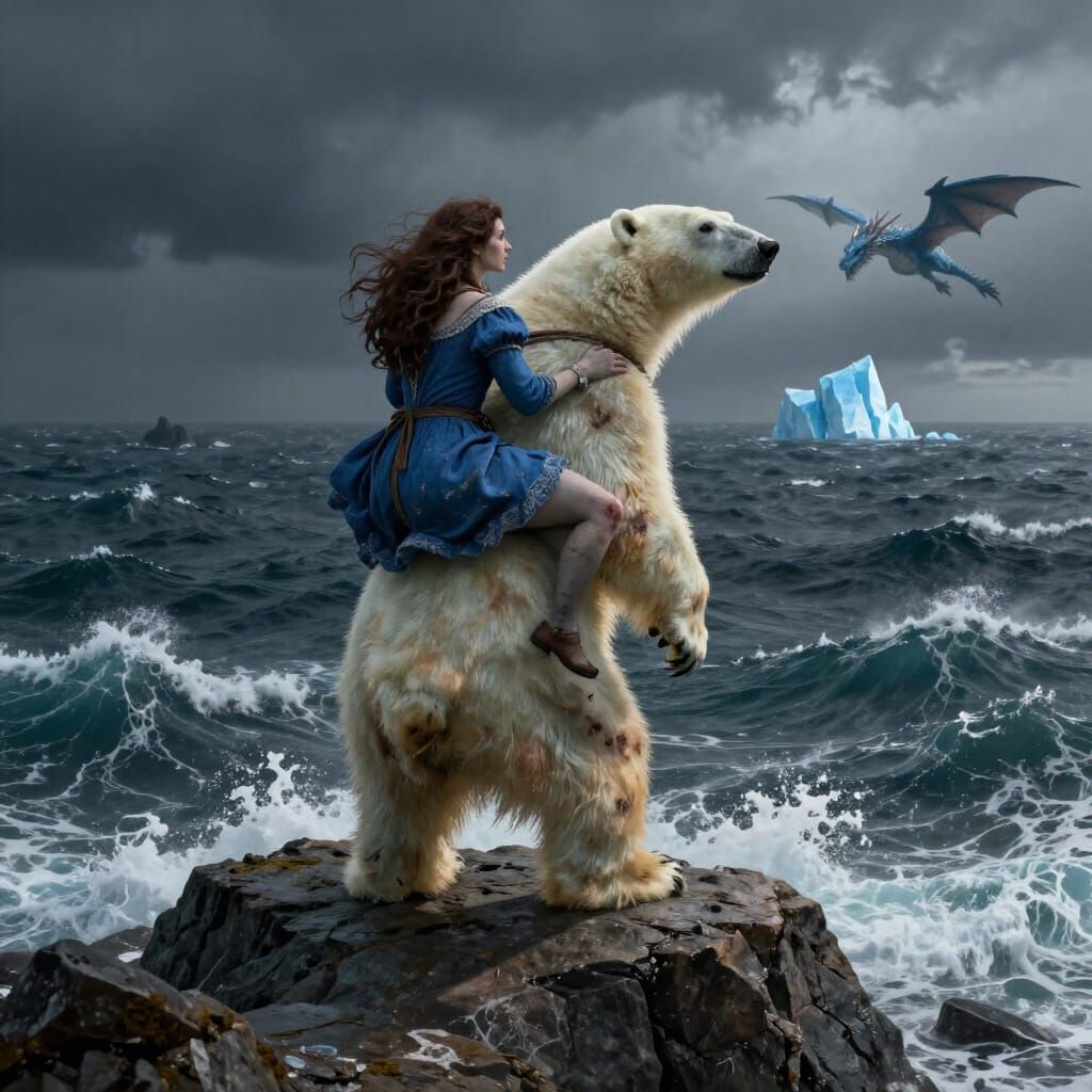 Polar Bear Carries Sorceress Facing Dragon
