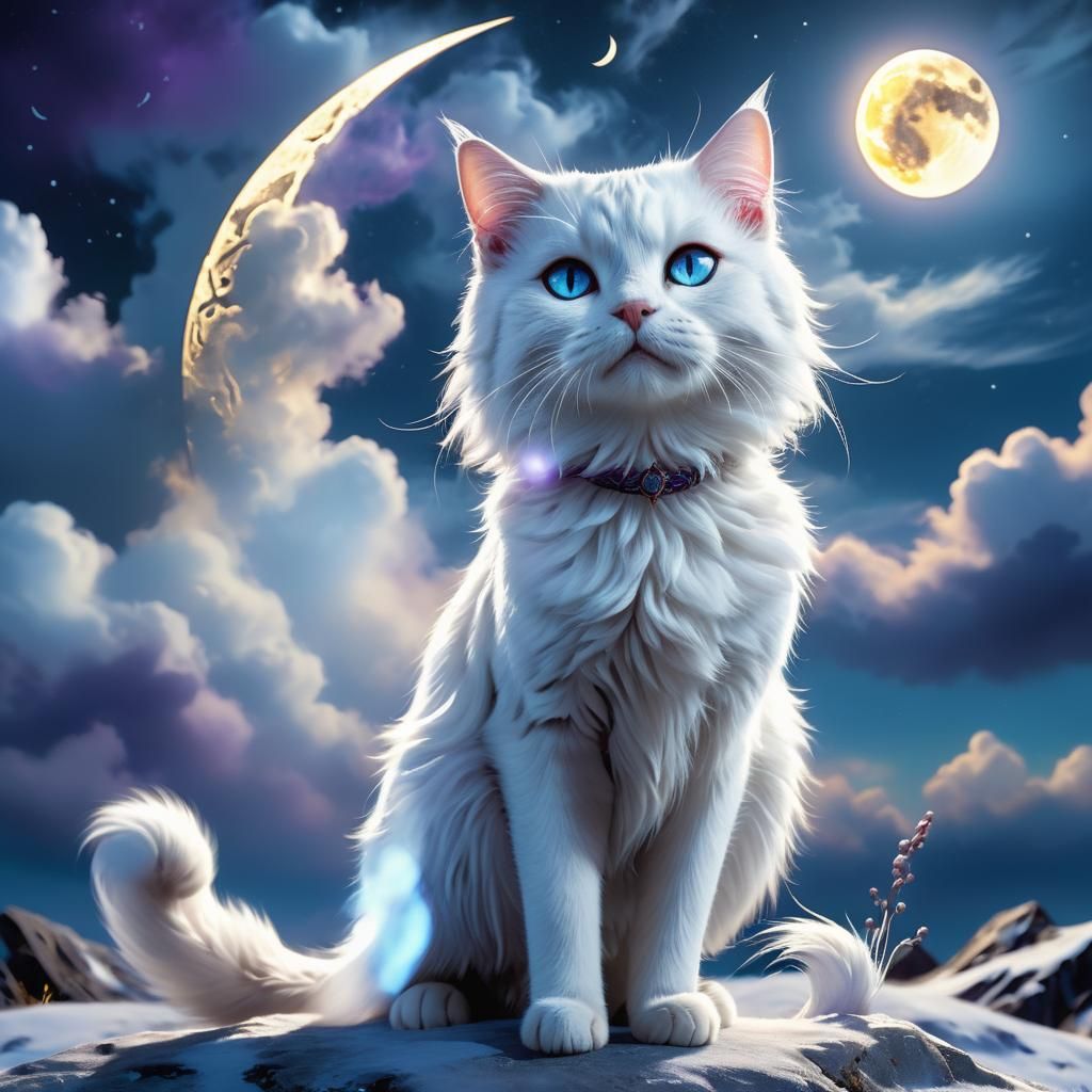 Ethereal Cat in Moonlight: Fantasy Matte Painting