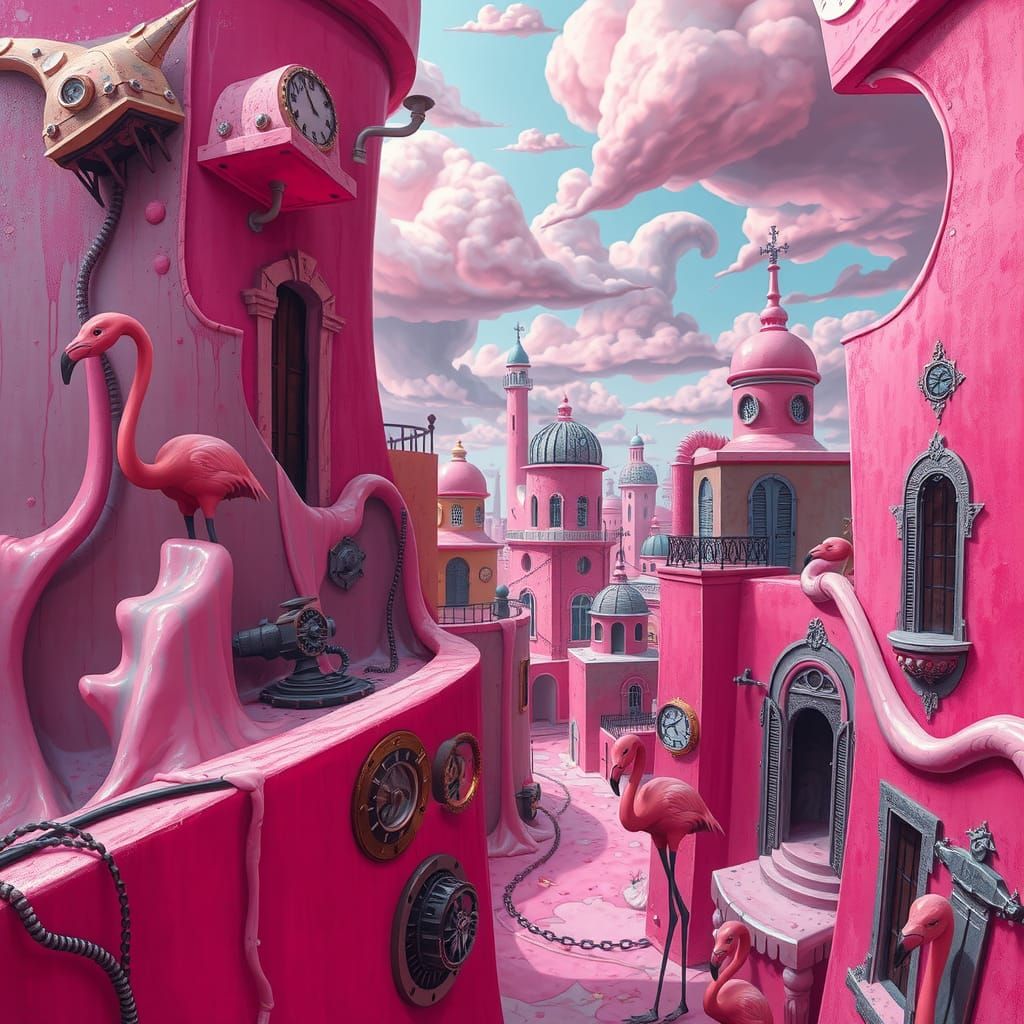 Surreal Pink Cityscape in a Dreamlike Style