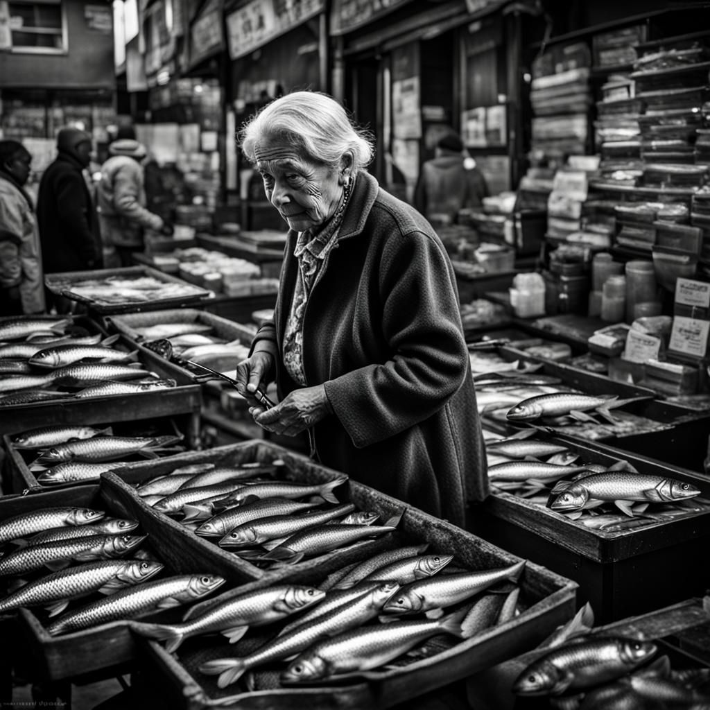 Hyperrealistic Old Woman Buys Fish at Market