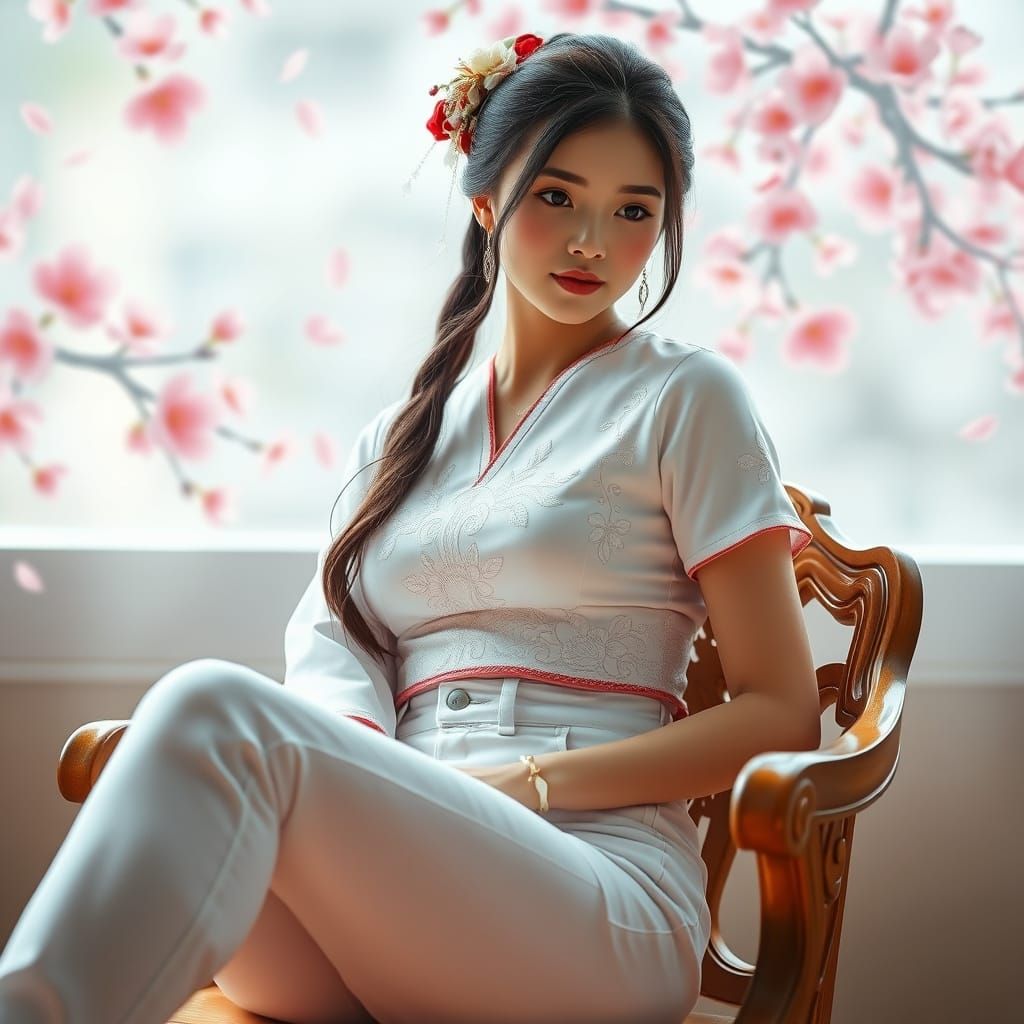 Geisha in Modern Attire with Cherry Blossoms